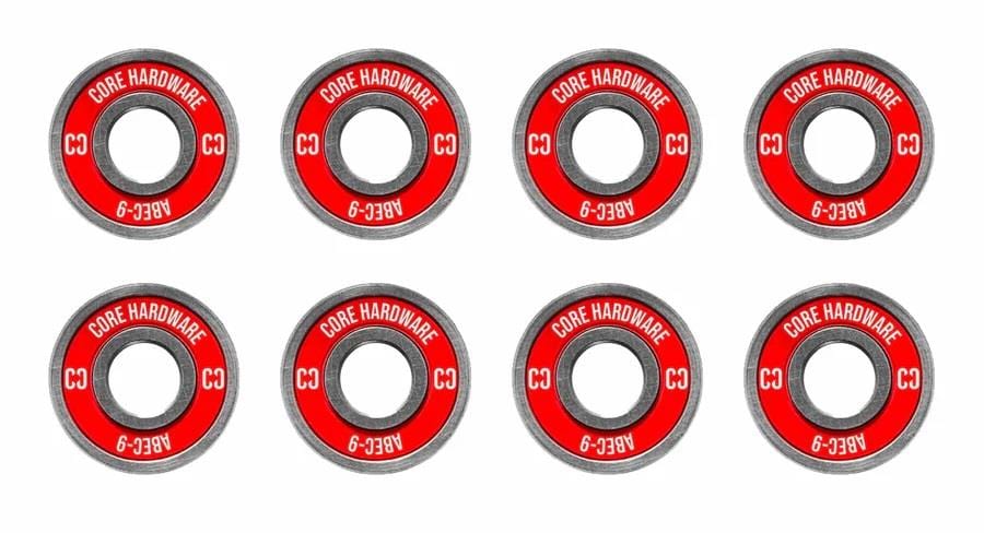 A set of eight premium skateboard bearings in bold red and black, neatly organized in two rows. Each bearing prominently features the "CORE" brand name along with "ABEC 9," guaranteeing exceptional performance for your skateboard.