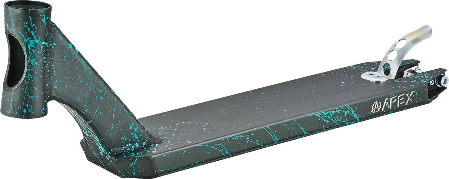 The Apex Pro Black Splash Stunt Scooter Deck, measuring 4.5" x 18.1", showcases a striking teal splatter pattern with the "APEX" logo prominently displayed. This lightweight deck is designed for stunt enthusiasts, featuring a reinforced neck and a curved rear design with a sturdy silver brake attached.