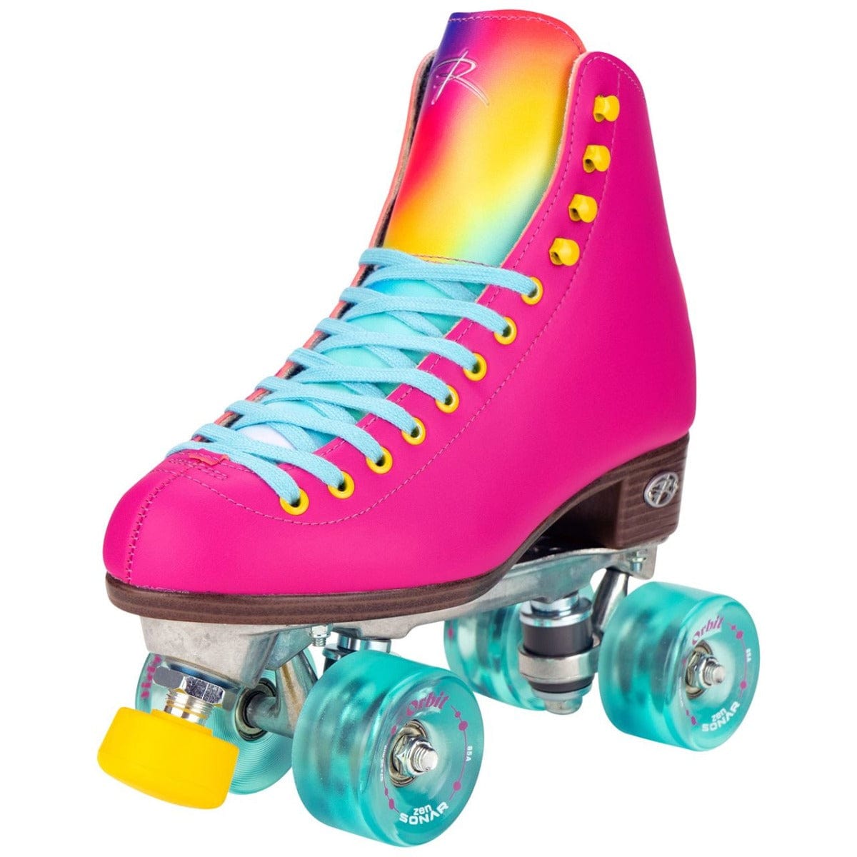 The Riedell Orbit Quad Roller Skates - Orchid are vibrant outdoor skates featuring high-top boots in a bright pink shade with rainbow accents on the tongue. They come with yellow eyelets, blue laces, and translucent blue wheels, creating a colorful and playful appearance.