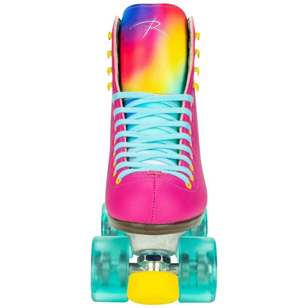 The Riedell Orbit Quad Roller Skates - Orchid features a vivid and colorful design with a radiant rainbow upper, pink sides, teal laces, and striking yellow eyelets. Its high-top boot design provides comfort, while the transparent teal wheels and yellow toe stop make it ideal for outdoor skating.
