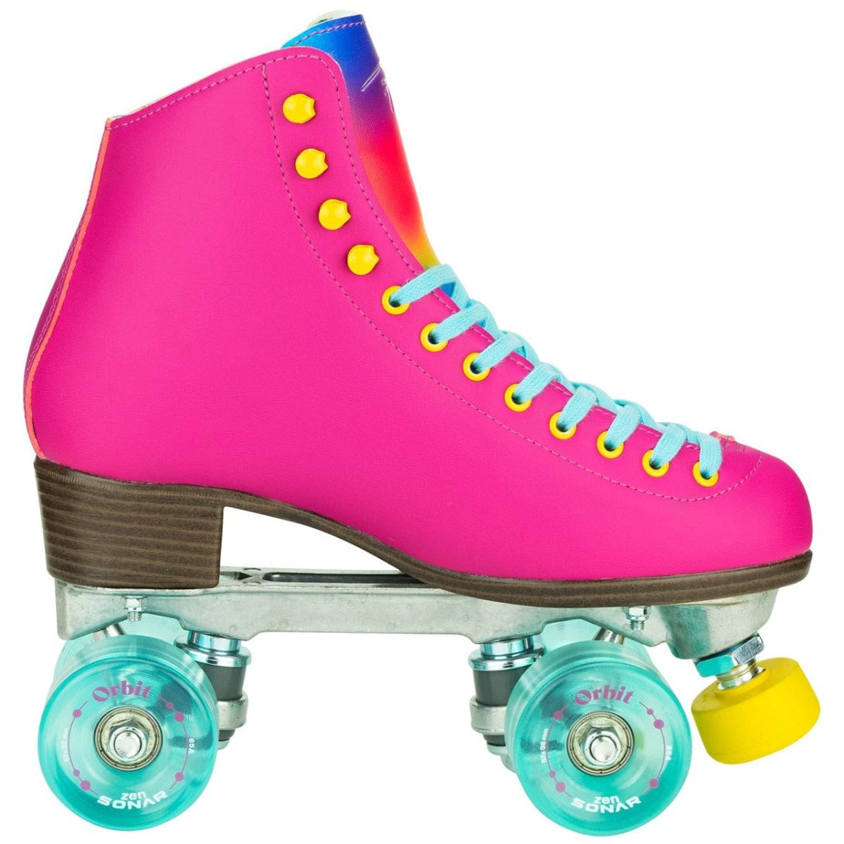 The Riedell Orbit Quad Roller Skates - Orchid feature a vibrant high-top boot design with yellow eyelets, rainbow laces, and blue wheels. The ankle area showcases a gradient of bright colors that enhance the bold look, all set on a metal frame with a bright yellow toe stop.