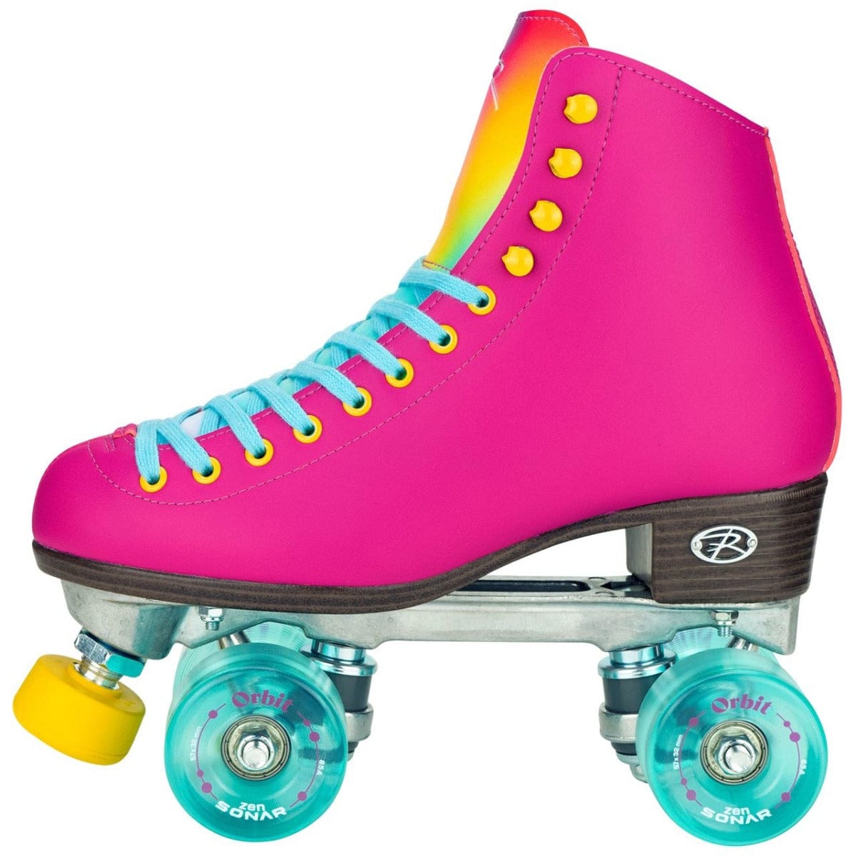The Riedell Orbit Quad Roller Skates in Orchid showcase a vibrant pink high-top boot design with blue laces. The upper smoothly transitions from pink to yellow, while the transparent blue wheels feature striking yellow details, making these skates ideal for outdoor fun.