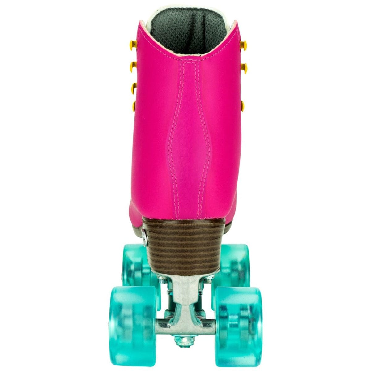 The Riedell Orbit Quad Roller Skates - Orchid stand out in vibrant pink with a high-top boot design. At the back, they showcase glossy, translucent teal wheels that beautifully contrast with yellow eyelets and a brown heel. These outdoor roller skates by Riedell are both eye-catching and stylish.