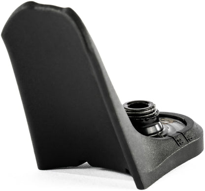 A close-up of a black plastic bottle cap opener, shown upright to highlight its threaded opening area, features a sleek design reminiscent of the Ethic DTC Stunt Scooter 8 STD Fender V2 - Black by Ethic DTC against a plain white background.