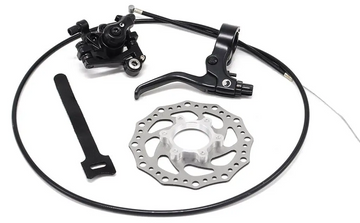 The Wildcat 10" Mini BMX Rear Disc Brake kit by Wildcat, featuring a lever, caliper, rotor, cable, and bracket—ideal for your Mini BMX—is shown neatly arranged on a white background.