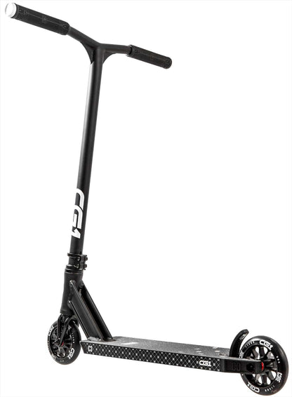 The CORE CG1 Complete Stunt Scooter in black features a wide handlebar, small wheels, and a deck with white CORE CG1 branding and textured grip. It is shown angled on a white background.