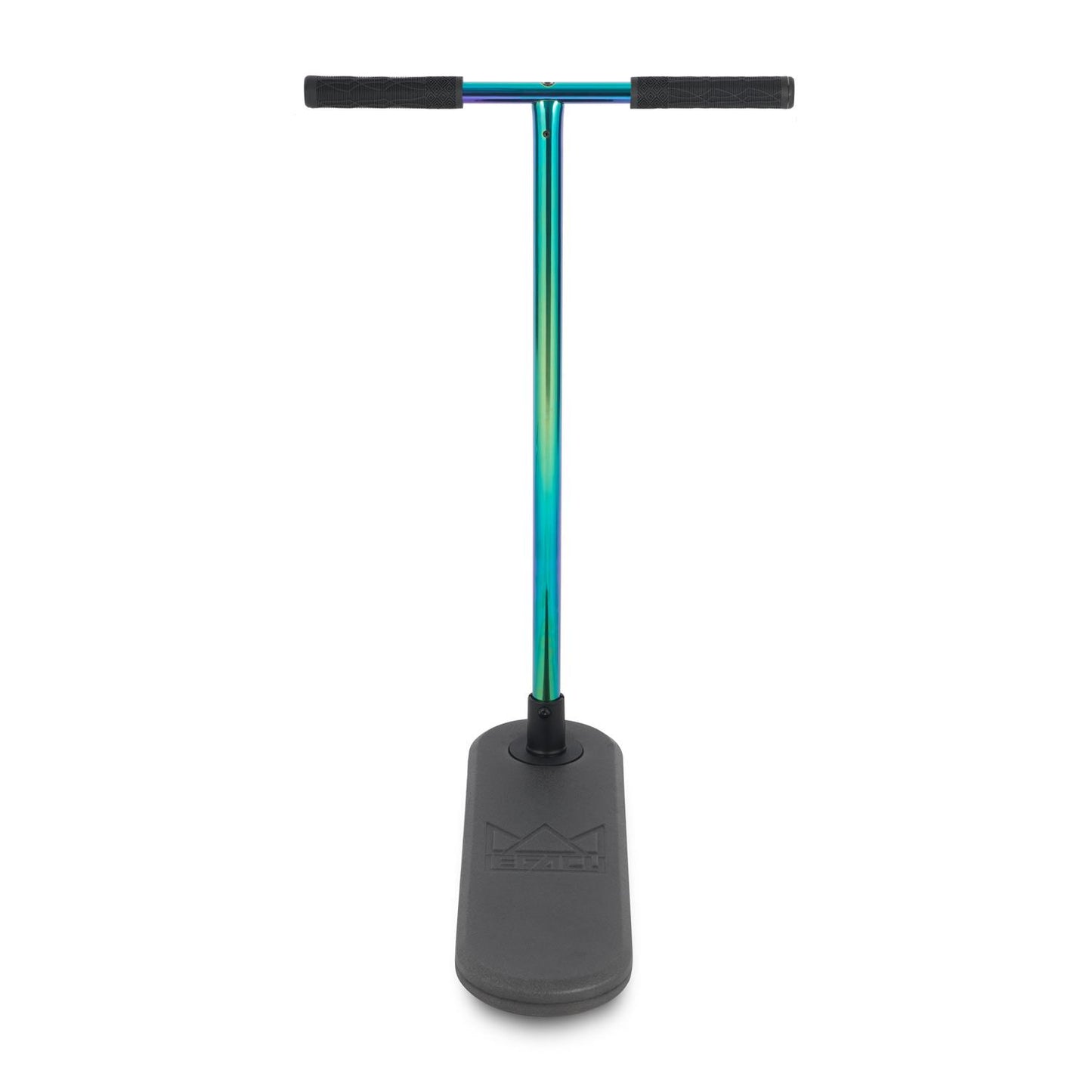 The Legacy Rebound Indoor Trampoline Scooter – Neochrome by Legacy features a T-shaped neochrome bar and wide black base, making it ideal for practicing balance and mastering tricks.
