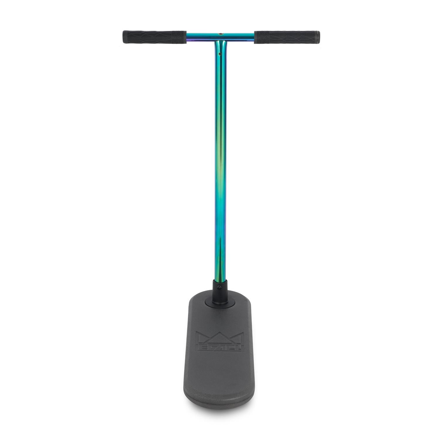 The Legacy Rebound Indoor Trampoline Scooter – Neochrome by Legacy features a T-shaped neochrome bar and wide black base, making it ideal for practicing balance and mastering tricks.