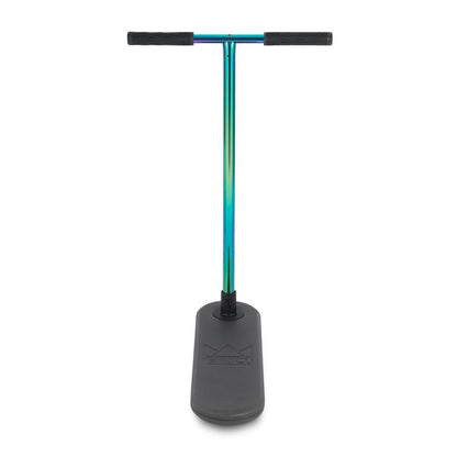 The Legacy Rebound Indoor Trampoline Scooter – Neochrome by Legacy features a T-shaped neochrome bar and wide black base, making it ideal for practicing balance and mastering tricks.