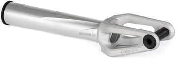 The Ethic DTC Merrow V3 8/12STD SCS Stunt Scooter Fork in raw silver, by Ethic, is displayed at an angle on a white background with "MERROW III" and "ETHIC DTC" engraved on its side.