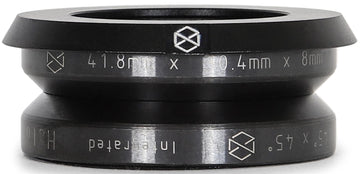 The Native Halo Integrated Stunt Scooter Headset - Black by Native features a minimalist black metal design, engraved measurements (41.8mm x 30.4mm x 8mm and 45 x 45), and logos on both ends—perfect for SCS Setup enthusiasts.