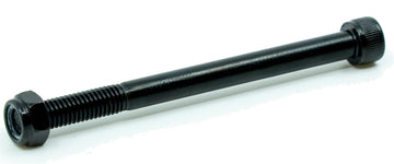 The CORE Replacement 110mm Stunt Scooter Rear Axle Bolt by CORE is a black metal bolt with a hex nut and rounded head, ideal for replacing stunt scooter rear axles. Shown on a white background.