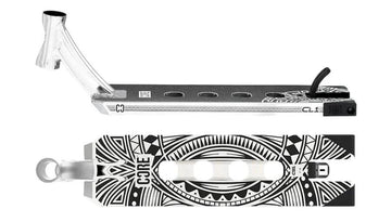 A close-up of the CORE CL1 Chrome Stunt Scooter Deck—measuring 5" x 19"—reveals its black-and-white design adorned with intricate geometric patterns and the "CORE" branding on the underside. Designed for park use, this deck includes cut-out circles on the top surface and a visible connection hardware piece, making it an ideal choice for any rider on the CORE pro team.