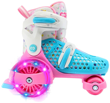 The CORE Kids Newbie LED Adjustable Roller Skates - Pink / Blue by CORE feature pink, blue, and white accents, a light-up front wheel, playful patterns, and an adjustable fit—perfect for first-time skaters.