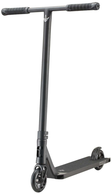 The Blunt Envy Colt S6 Complete Stunt Scooter in black boasts a wide chromoly Tension bar handlebar, a robust frame, and two durable wheels. Its deck is textured for enhanced grip, featuring a sleek and modern design perfect for executing tricks and stunts.
