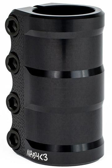 The Tilt Nikita LT 4 Bolt Standard SCS Stunt Scooter Clamp in black features a strong metal build, four hex bolts, a textured grip pattern, and engraved branding near the base. Designed for SCS compression systems, it ensures a secure and reliable fit.