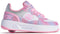 The Heelys Rezerve Low Girls Shoes in Lt Pink/White/Rainbow feature a glittery design, pink laces, the Heelys logo on the side, and a visible wheel in the chunky white sole—perfect for beginners.