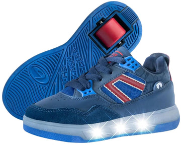 Breezy Rollers Light Beam Shoes - Blue / Red by Breezy Rollers feature built-in wheels in the sole, bright white LED lights near the toes, and stylish red accents. One shoe is upright while the other shows off the wheeled sole and vivid details.