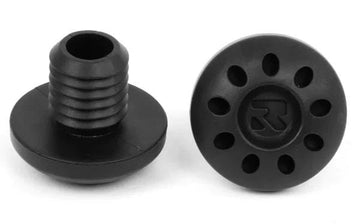 Product Description: The Root Industries Fractal Aluminium Scooter Bar Ends in black showcase a sleek design, featuring two round pieces made from aluminum. One bar end highlights its flat, perforated top with a central logo, while the other is angled to display its threaded side. Specifically made for scooter handlebars by Root Industries, these bar ends include multiple holes across the top surface to offer additional protection for your handlebars.