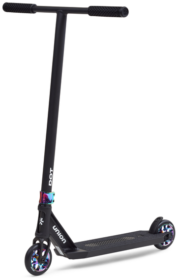 The Union Dot Complete Stunt Scooter - Black / Neochrome features vibrant neochrome metal accents, a straight handlebar, and "Union" branding—ideal for tricks and smooth city rides as a lightweight street scooter.