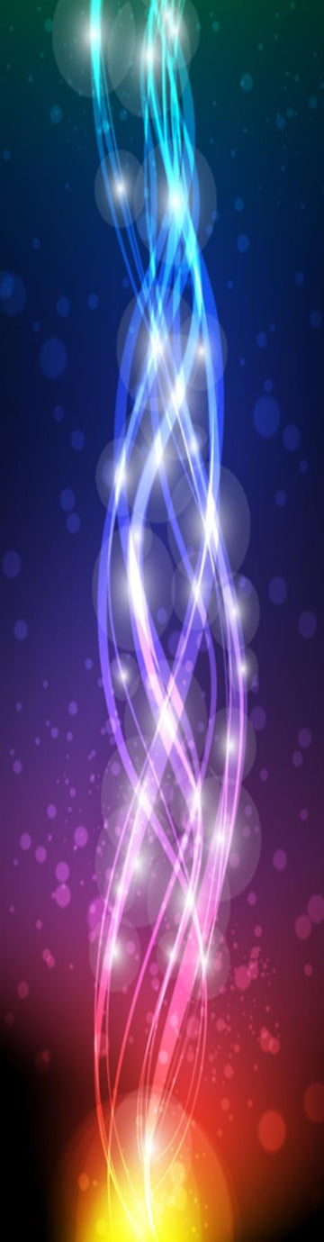 The Legacy Wave Stunt Scooter Griptape - Electric Rainbow by Legacy showcases a vibrant abstract design with glowing, intertwined lines in blue, pink, and purple on a dark backdrop. This electric pattern emits swirling light and dynamic effects, accented by bokeh-like orbs.