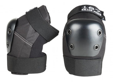 Two black elbow pads with hard gray caps are depicted, crafted for impact protection during activities like skating or biking. Featuring adjustable straps for a secure fit, these pads deliver dependable defensive gear. The brand name, "187," is visible on one of the 187 Killer Pro Elbow Skate Protection Pads models.