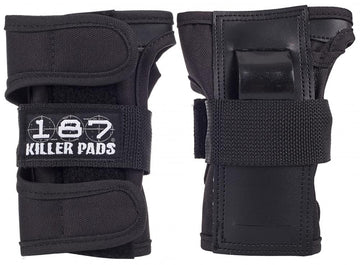 The 187 Killer Wrist Guards Skate Protection in black are constructed with a reinforced design, featuring adjustable straps and proudly displaying the "187" logo. These durable wrist guards provide excellent protection during skateboarding activities.