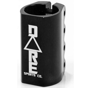 The Dare Warlord 4 Bolt Oversized SCS Stunt Scooter Clamp in Black, designed by Dare, is a stylish and durable accessory made from 6061 aluminium. It features a prominent vertical "DARE SPORTS CO." logo in white and offers multiple holes for versatile screw adjustment to ensure secure fastening of scooter components.