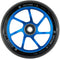 The Ethic DTC Incube V2 110mm Stunt Scooter Wheel in blue by Ethic features a blue and black metal design with eight spokes, and "INCUBE-II 110x24 88A" printed around its outer edge.