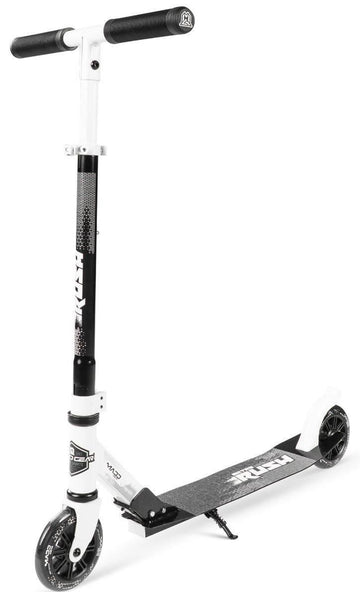 The Madd Gear Metro Rush 125 Kids Foldable Scooter in white/black features an adjustable handlebar, a textured foot deck, and two 125mm LED wheels. "Madd Gear (MGP)" branding is on the deck and stem.