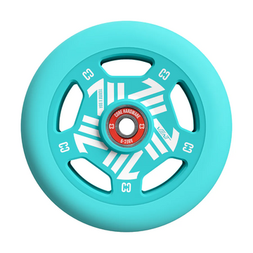 The CORE Vent 110mm Stunt Scooter Wheel - Mint Blue features a white geometric pattern, black inner spokes, and a red "C3" core hardware bearing at the center—ideal for riders wanting lightweight performance.