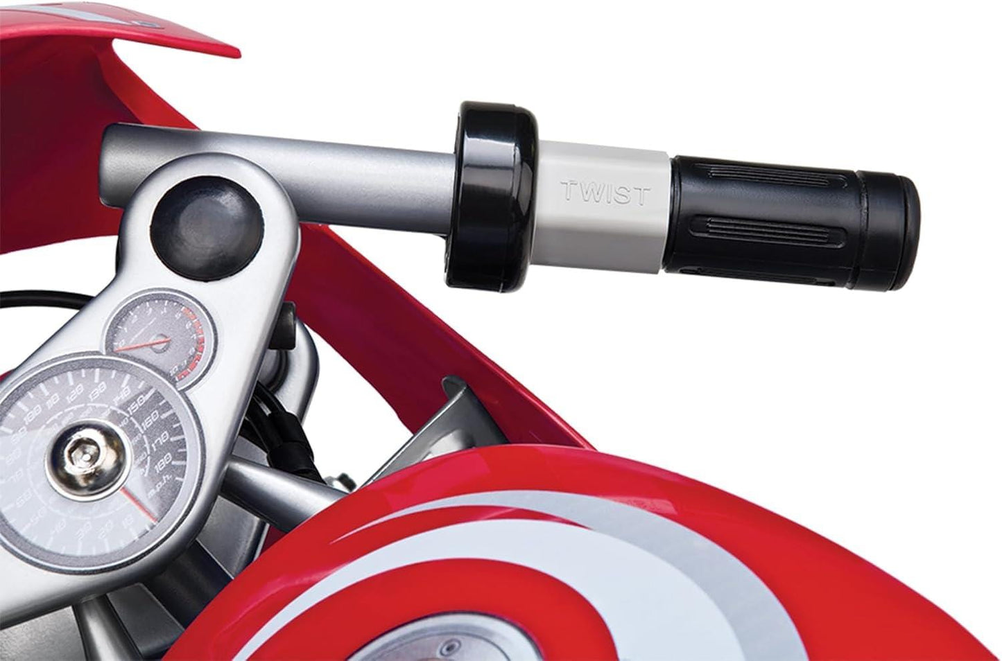 Close-up of the Razor Pocket Rocket Electric Bike - Red handlebar by Razor, featuring the right grip labeled "TWIST," with part of the speedometer and dashboard visible against a white background.