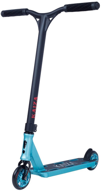 The Longway Kaiza Complete Pro Stunt Scooter - Teal features a T-shaped handlebar, black grips, teal wheels, a textured deck for grip, and "KAIZA" branding—ideal for skatepark tricks.