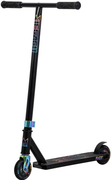 The Legacy Raze Complete Stunt Scooter by Legacy features a black design with oil slick neochrome accents on the wheels and clamp, a T-shaped handlebar, and a wide deck. The scooter stands upright with the front wheel angled to the side.
