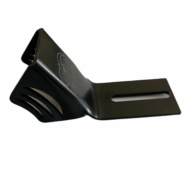 A sleek black metal fender, designed for the Infinity Universal Stunt Scooter, features a slot and two curved side extensions ideal for mounting or securing. Crafted from stainless steel with a smooth surface and embossed markings, it is perfect for maximizing foot space on your scooter.