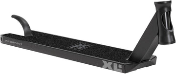 The Lucky Prospect 2022 XL Matte Black Stunt Scooter Deck, featuring a textured surface with Lucky griptape, presents a unique hybrid design. This deck, prominently displaying the "PROSPECT" label and bold "XL" graphics on the side, includes upward-angled attachment points and a distinctive cutout design near the connection tube.