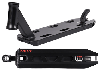 A black Longway S-Line Kaiza+ stunt scooter deck, measuring 4.5" x 19", with intricate cutouts and the brand name prominently displayed as "KAIZA." The top image highlights the deck's angled view, showcasing the mounting holes, a flex fender brake, and kicktail. The bottom image provides a side perspective featuring the "1 Line" logo and titanium bolts.