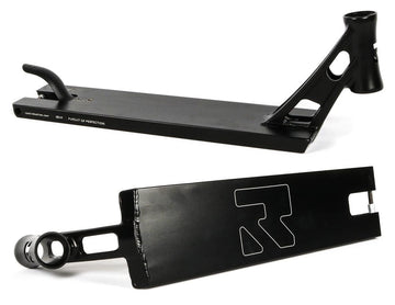 Two views of the Root Industries AIR Boxed Black Stunt Scooter Deck (5.1" x 22"): the top shows the brake and headtube, while the bottom displays a bold "R" logo—sleek design ideal for pairing with AIR Hollowcore Wheels.