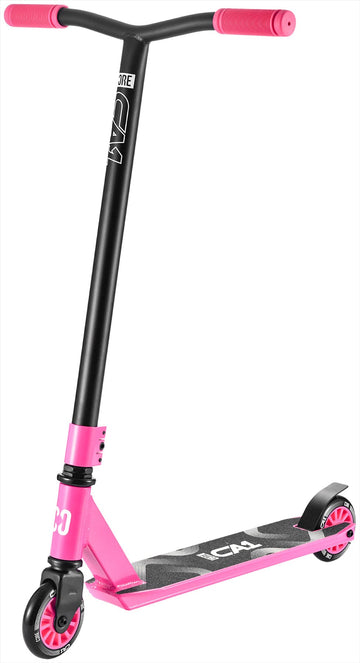 The CORE CA1 Beginner Complete Stunt Scooter - Pink by CORE features pink handlebars and wheels, a black deck with white text, and a black fork and head tube, shown upright against a white background.