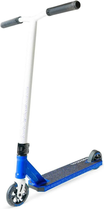 The Madd Gear Viral Purge Complete Stunt Scooter - Cobalt features blue and white colors, black handlebar grips, a blue textured deck for grip, and small wheels. The MGP scooter stands upright against a white background, ready for skatepark action.
