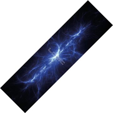 A rectangular poster, inspired by the Logic V2 Stunt Scooter Griptape - Blue Flare, features a striking blue flare design on a black background. The word "LOGIC" is prominently displayed in the center with futuristic styling, encompassed by complex and radiant electric motifs.