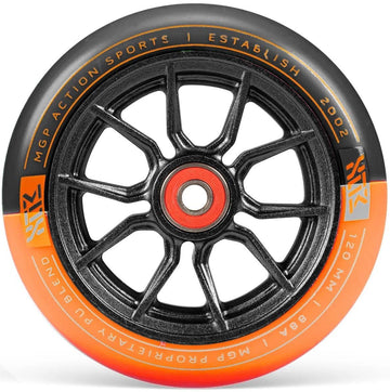 The Madd Gear MFX Syndicate AR120 Dual Urethane Stunt Scooter Wheel in black and orange features a spoked design and detailed rim text, making it ideal for MGP stunt scooters or compatible 120mm setups.