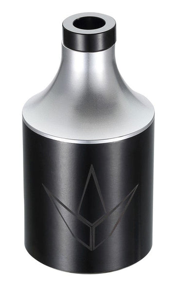 Product Description: This sleek, metallic black and silver bottle, expertly crafted from chromoly steel, features a modern cylindrical design that tapers slightly at the top beneath a black cap. The geometric logo on the front resembles an abstract, angular shape inspired by Blunt Envy Street Stunt Scooter Pegs, embodying a contemporary aesthetic.