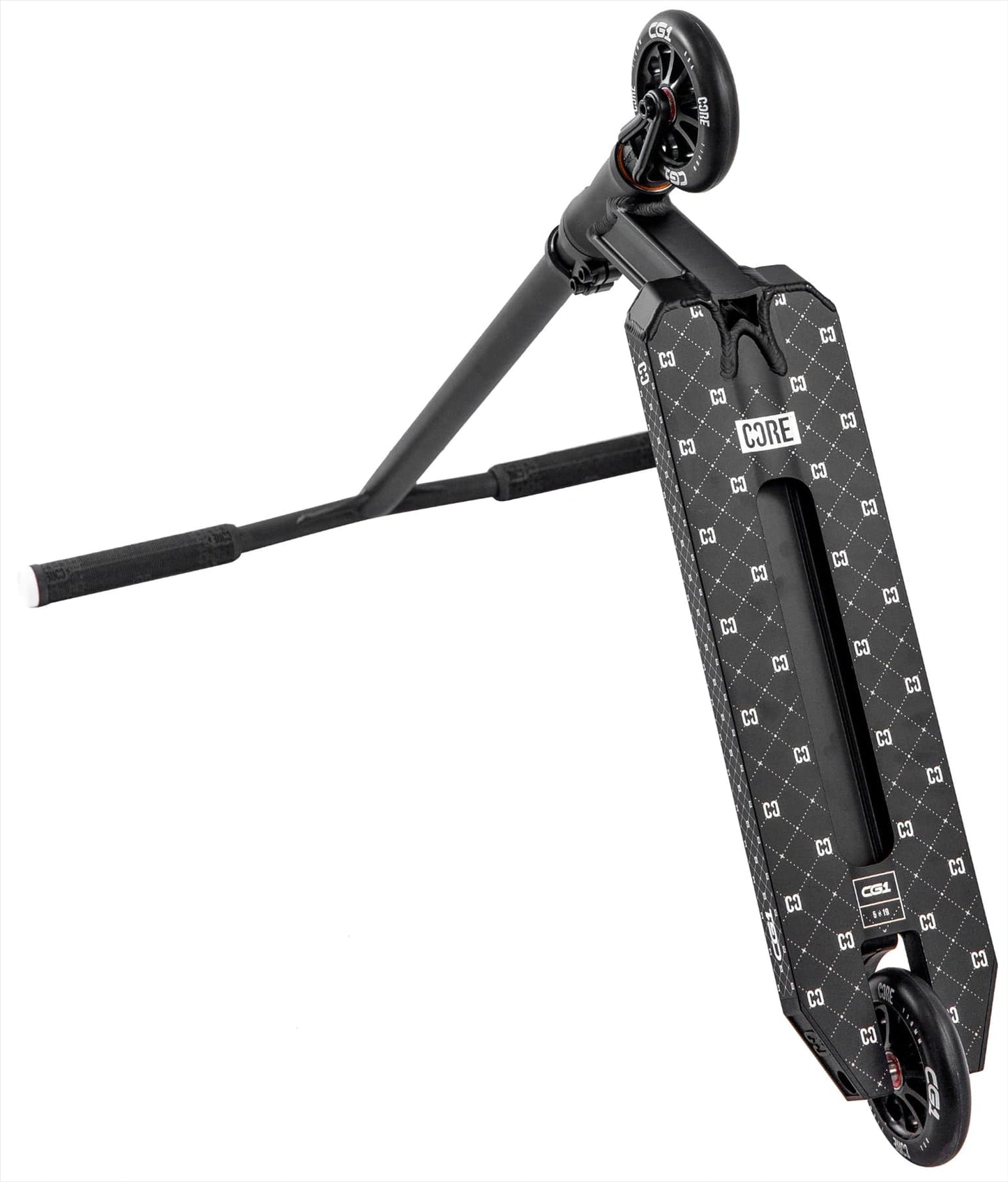 The CORE CG1 Complete Stunt Scooter by CORE features a black deck with patterns, pro-style handlebars, and small wheels—ideal for beginner skatepark tricks. Shown diagonally on a white background.