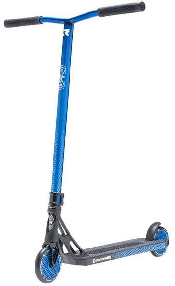 The Root Industries Invictus V3 Complete Stunt Scooter - Burnt Blue features a sleek, minimalist blue and black design with a T-bar handle, blue wheels, and a black deck. It is shown upright, facing slightly to the left.