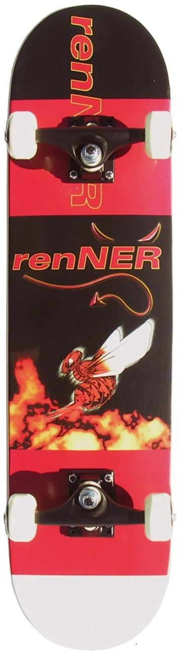 The Renner A18 Sting III Complete Skateboard (7.75" x 31") for beginners features white wheels, a 9-ply Chinese maple deck, and deck art with "Renner" and a winged red devil surrounded by flames.
