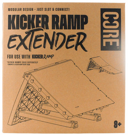 Brown cardboard box for the CORE XL Kicker Ramp Extender by CORE, featuring line drawings of the ramp and text showing it extends ramp height for use with the Kicker Ramp. Suitable for ages 8+.