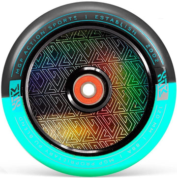 The Madd Gear MFX Corrupt Core 120mm Stunt Scooter Wheel in Black/Teal features a geometric core pattern and a red center bearing, with "MGP ACTION SPORTS | ESTABLISH 2002 | 120 MM | 88A" printed on the turquoise rim.