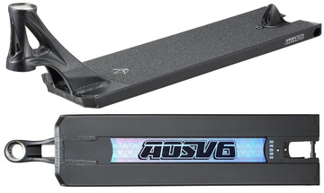 Two views of the Blunt Envy AOS V6 Squad Black Stunt Scooter Deck (6" x 22"): top view shows the textured deck surface, while the bottom view reveals a holographic AOSV6 logo with geometric designs.