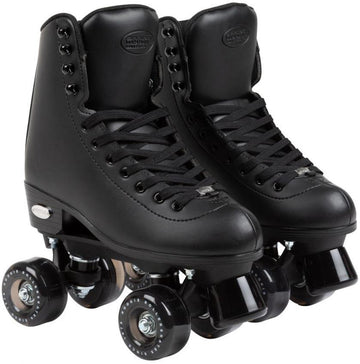 A pair of Rookie Classic 78 Quad Roller Skates - Black by Rookie, featuring lace-up boots and four wheels each, displayed side by side on a white background.